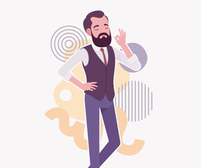 Modern business leader, smart businessman speak pose. Elegant high quality attire, tech savvy professional planning market trend, vector flat style cartoon illustration abstract creative background