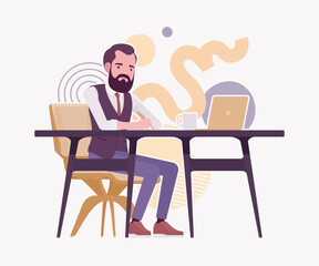 Modern business leader, smart businessman office work. Elegant high quality attire, tech savvy professional planning market trend, vector flat style cartoon illustration abstract creative background