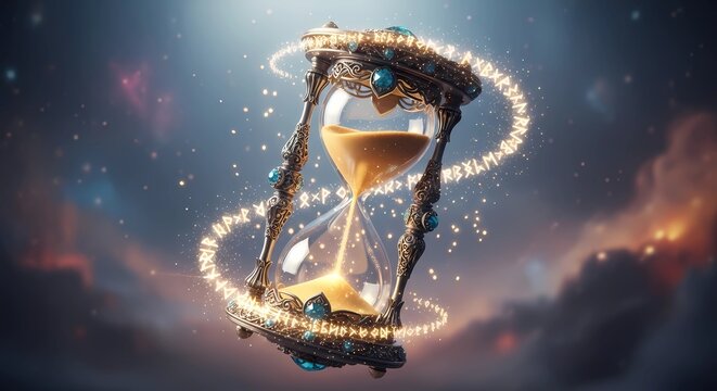 A magical hourglass floats in a starry night sky with swirling clouds and sparkling lights