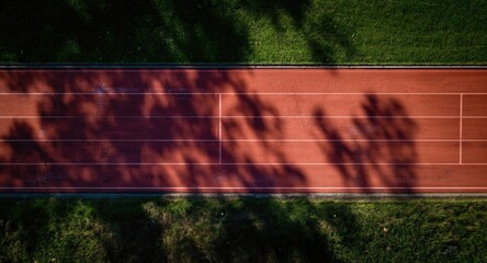 Obraz premium Overhead composition of a brown athletics track lit by strong sunlight