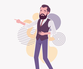 Modern business leader, smart businessman point pose. Elegant high quality attire, tech savvy professional planning market trend, vector flat style cartoon illustration abstract creative background