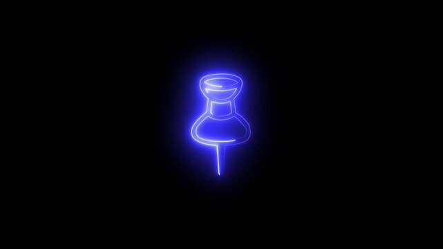Animated neon blue color map pin tack glowing symbol on dark background. 4k Video