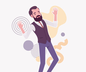 Modern business leader, smart businessman emotional pose. Elegant high quality attire tech savvy professional planning market trend, vector flat style cartoon illustration abstract creative background