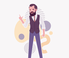 Modern business leader, smart businessman stand pose. Elegant high quality attire, tech savvy professional planning market trend, vector flat style cartoon illustration abstract creative background