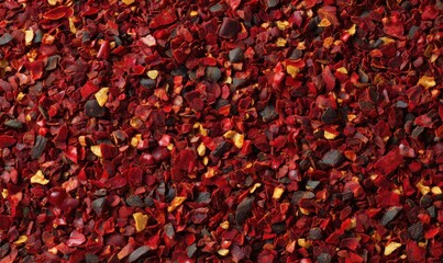 Flat texture of chili flakes densely scattered, red and dark fragments visible