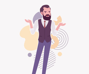 Modern business leader, smart businessman stand pose. Elegant high quality attire, tech savvy professional planning market trend, vector flat style cartoon illustration abstract creative background