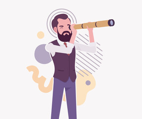 Modern business leader, smart businessman spyglass pose. Elegant high quality attire, tech savvy professional planning market trend, vector flat style cartoon illustration abstract creative background
