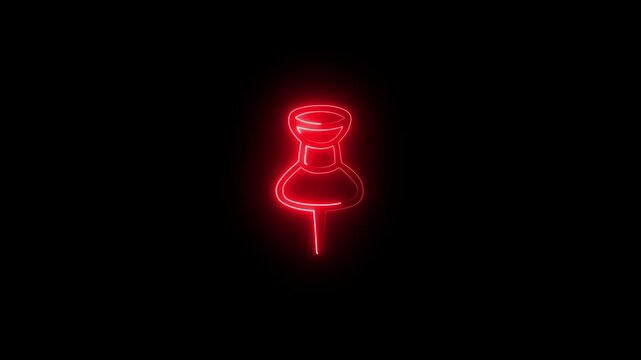 Animated neon red color map pin tack glowing symbol on dark background. 4k Video