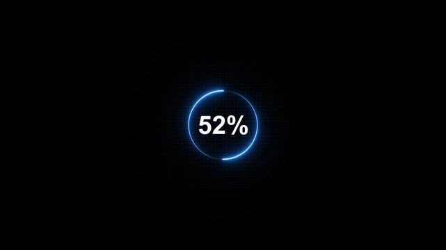 Glowing Blue Circle Progress Bar with 52 Percent Sign Neon Animation on Dark Background for Infographics