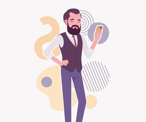 Modern business leader, smart businessman phone hold. Elegant high quality attire, tech savvy professional planning market trend, vector flat style cartoon illustration abstract creative background
