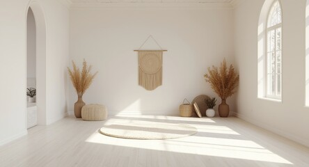 Midcentury minimalist empty dwelling enhanced by Scandi Boho elements