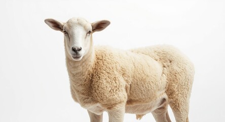 Fototapeta premium White background showing a Merino yearling ram with short wool coat