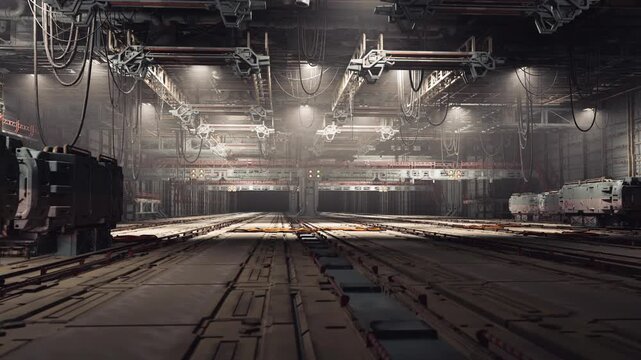 Empty industrial hangar lit by overhead floodlights, long metal tracks, exposed piping, sparse toolboxes, dust motes, moody cinematic atmosphere suggesting