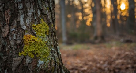 Natural backdrop with intricate tree trunk texture and bright lichen patches
