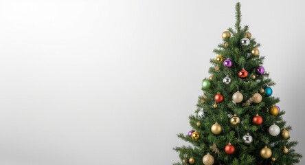 Fototapeta premium Christmas pine tree with baubles on crisp white background