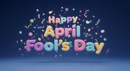 Colorful text celebrating april fool's day with confetti and musical notes
