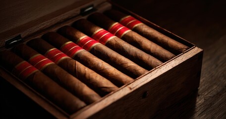 Naklejka premium The Cigar Box Displaying Rows of Premium Hand Rolled Cigars with Red Bands