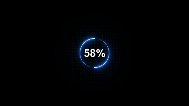 Glowing Blue Circle Progress Bar with 58 Percent Sign Neon Light Animation on Dark Background for Infographics
