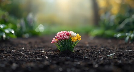 Beautiful flowers emerging from rich soil with vacant ground copy space