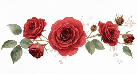 Fototapeta premium Realistic dark red rose branch watercolor artwork for bridal shower floral designs against white background