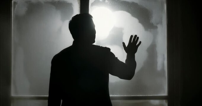 Silhouetted businessman standing in front of frosted glass window