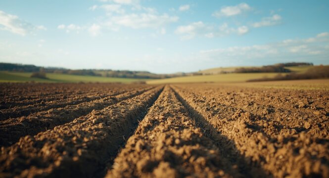 an open countryside view featuring a freshly plowed agricultural field