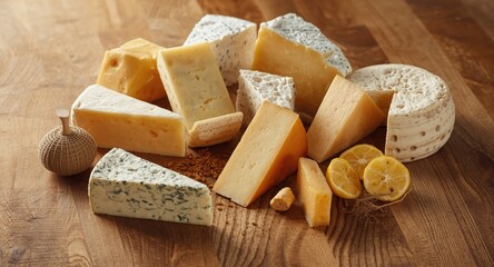 Fototapeta premium Rustic Italian cheese varieties arranged on an untreated wooden surface