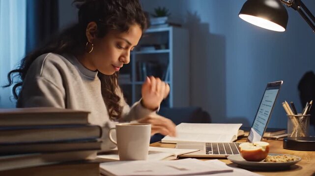 Young woman typing on laptop at desk late at night