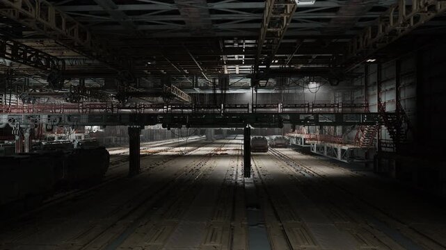 Shadowed underground transit hub with parked trains and dim aisles, overhead beams create moody lines, distant light suggests hidden access and operational
