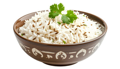 White rice in bowl isolated on transparent background PNG, freshly cooked fluffy rice grains, simple and healthy staple food for kitchen, restaurant, and menu design