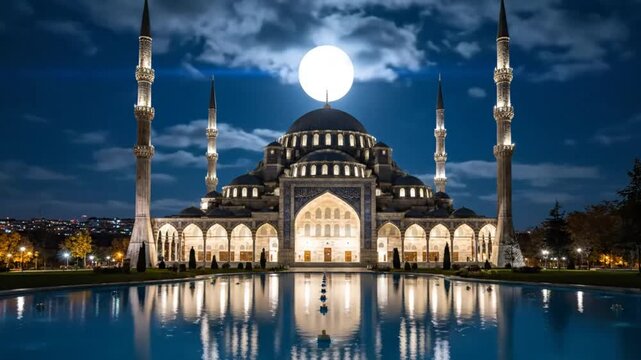 Serene view of the illuminated Sultan Ahmed Mosque in Istanbul under a bright full moon at night reflected in the still pool.