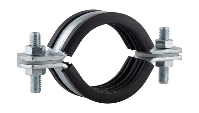 Rubber-lined galvanized steel clamp with dual bolt fastening.