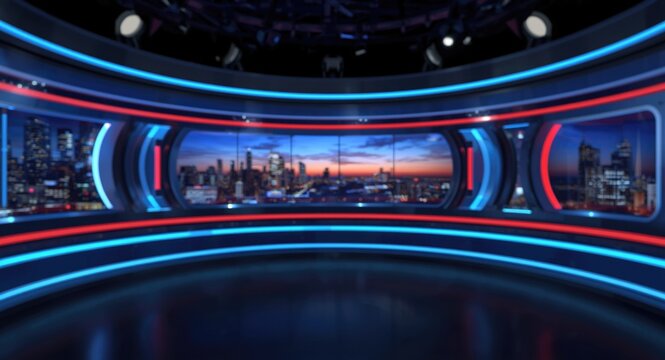 VR based 3D virtual TV studio background featuring neon lighting for news broadcast