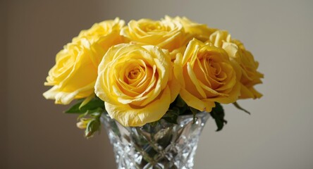 Vibrant yellow roses artistically placed in a crystal vase