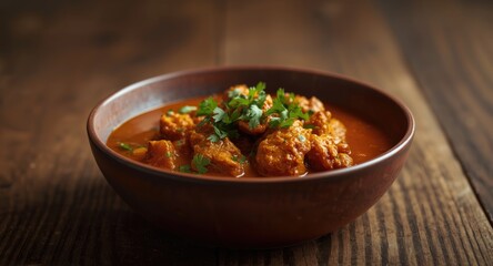 Homestyle chicken curry with coriander garnish displayed in a deep bowl