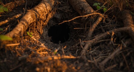 Fototapeta premium Wildlife animal tunnel entrance in organic soil environment