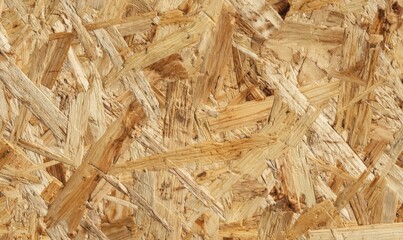 Flat texture of oriented strand board surface, compressed wood flakes visible