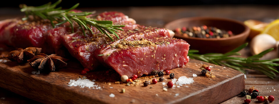 Freshly seasoned raw red meat cuts on a rustic wooden board, ready for grilling, surrounded by aromatic rosemary, peppercorns, and coarse salt