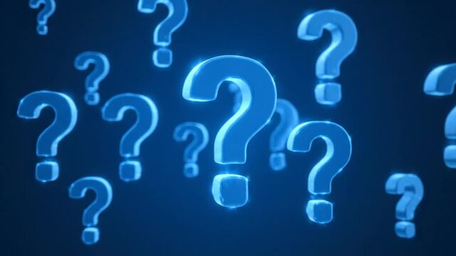 Numerous luminous blue question marks floating with blurred background indicating uncertainty and query