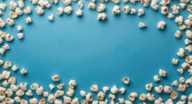 Top view of blue backdrop with popcorn scattered frame providing copy space for filming animated series and movies