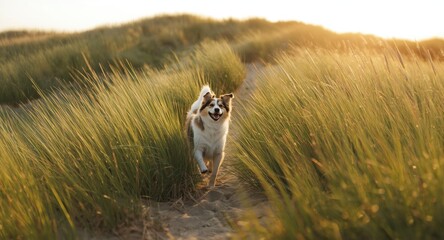Pet playing happily on full length green grass dunes with summer sunlight on the beach