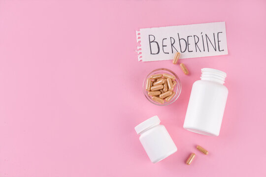 Medical supplement berberine, golden capsules, tablets with barberry berry extract, dietary supplement to support metabolic processes, weight loss and healthy lifestyle