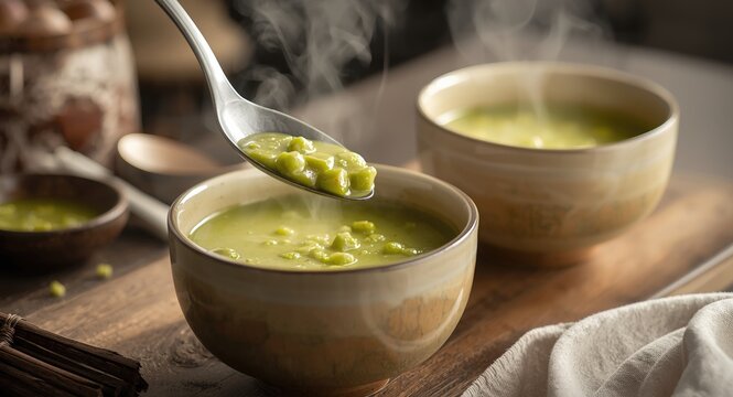 Traditional split pea soup ladled into handcrafted ceramic bowls