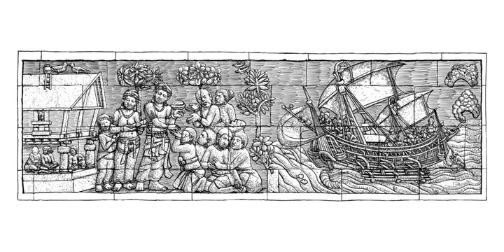 Borobudur Maritime Relief Illustration &ndash; Ancient Indonesian Ship Carving Art vector