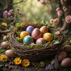 Obraz premium Colorful decorated Easter eggs in a rustic nest surrounded by spring flowers in a forest.