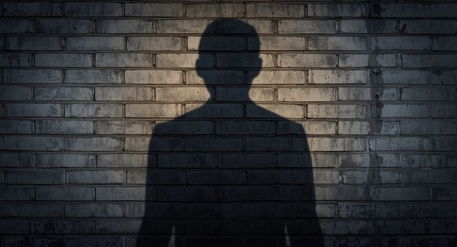 Urban brick wall background featuring a striking human shadow figure