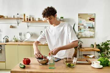Handsome young man prepares a fresh salad in his modern kitchen with style and skill