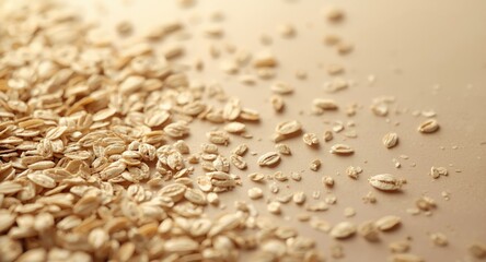 Obraz premium Toasted oat flakes on a soft neutral backdrop with creative text space