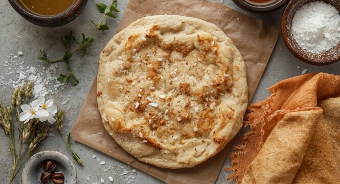 Handcrafted Shami flatbread using wheat flour yeast salt and water