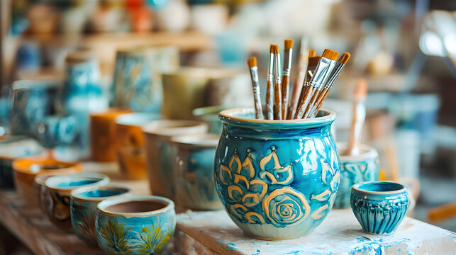 Handmade blue ceramic vase filled with artistic paintbrushes in a pottery workshop. Creative studio background with various clay cups and pottery tools.
